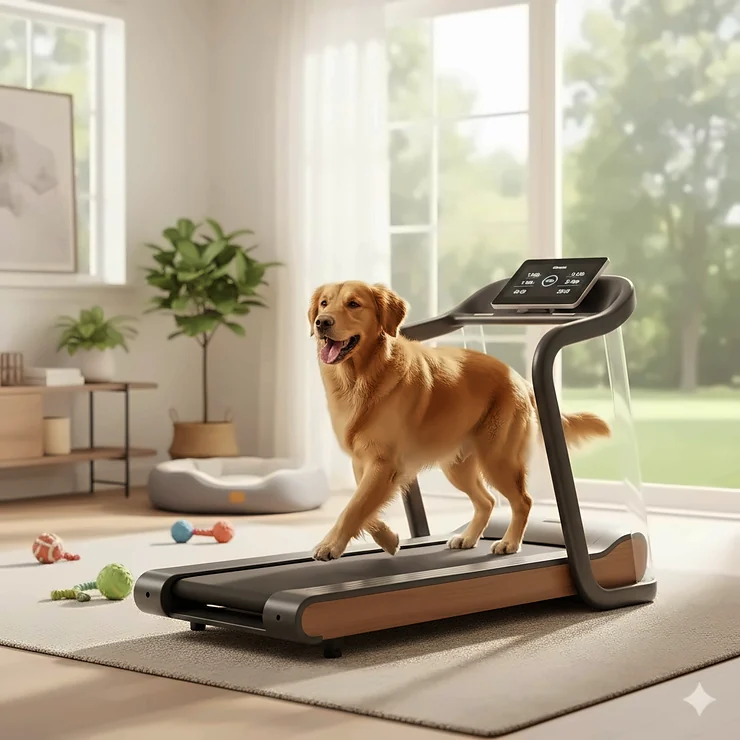 Happy golden retriever running on a dog treadmill, showcasing the benefits of in-home dog fitness equipment.