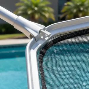 Detailed view of the durable aluminum frame of a professional pool surface skimmer net.