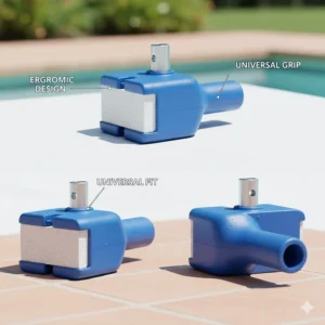 Different views highlighting the ergonomic design and universal fit connection of the pumice stone holder for various pool poles.