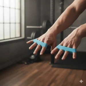 Silicone finger stretcher resistance bands used to train the extensor muscles, balancing the use of forearm fitness equipment that focuses on gripping.