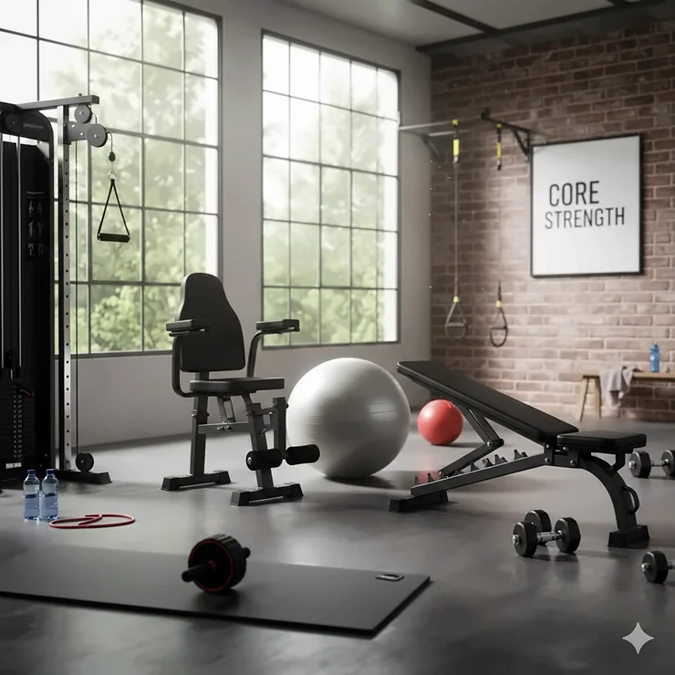 A full-frame shot of various fitness equipment for abdominal exercises, including an ab roller, a stability ball, and a captain's chair, set up in a modern home gym.