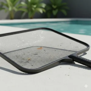 Close-up of a flat mesh pool surface skimmer net for daily light debris removal.