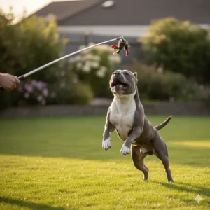 Owner playing with a dog using a flirt pole, which is effective for high-intensity, short-burst exercise and improving canine fitness.