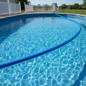 Long, floating pool vacuum hose extending across the entire surface of an above ground pool for maximum reach.