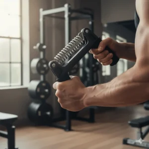 A modern, spring-loaded forearm trainer resistance device with padded grips, used for strengthening the flexors and extensors.