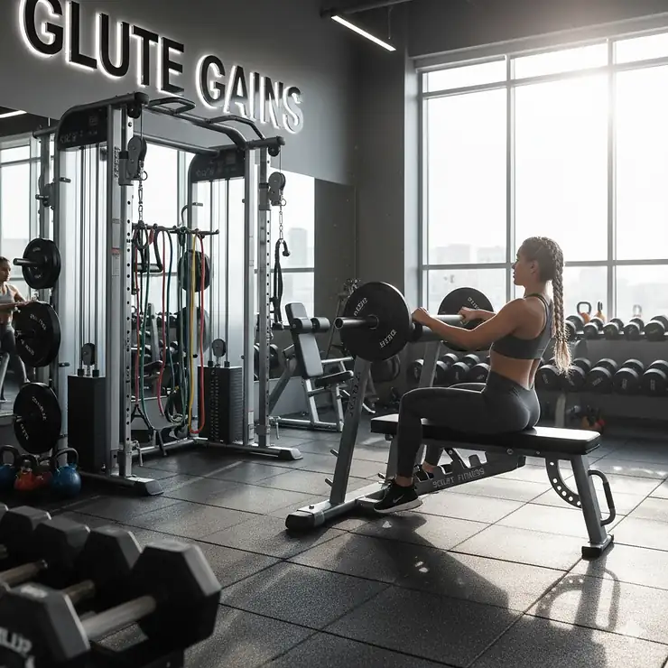 A person performing hip thrusts using a glute fitness equipment setup, featuring a barbell, weights, and a comfortable bench for effective muscle building.