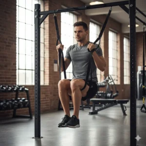 Pair of hanging ab straps suspended from a pull-up bar, allowing a user to comfortably perform hanging knee raises, one of the most effective abdominal exercises.