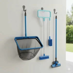The heavy-duty pool leaf rake hanging neatly on a storage hook beside other pool cleaning tools.