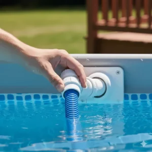 Close-up of the pool vacuum hose cuff securely attaching to the skimmer inlet for an above ground pool.