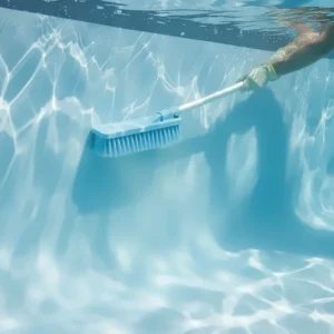 Demonstrating the proper technique for using a pool wall brush to efficiently clean the entire surface of a vinyl liner pool.