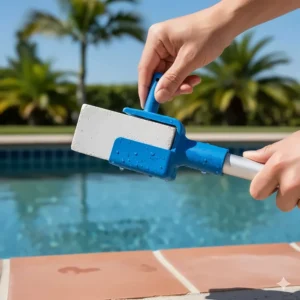 Step-by-step image of a new pumice block being easily inserted into the pumice stone holder for pool cleaning.