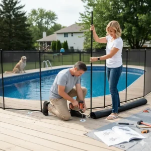 Step-by-step image showing the DIY installation process of a pool safety fence for above ground pool owners.