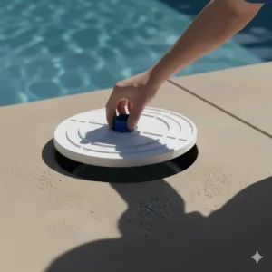 Hand installing a skimmer vacuum plate securely over the pool skimmer basket for cleaner hose attachment.