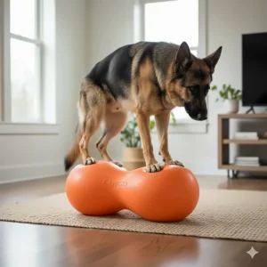 A large German Shepherd carefully balancing on a large orange FitPAWS stability peanut for proprioception training.