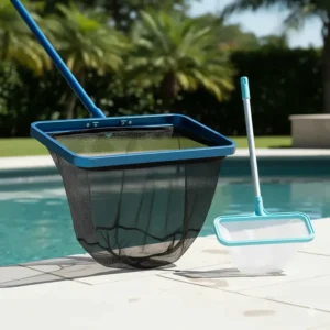Side-by-side comparison illustrating the large size of the professional heavy duty pool leaf rake net versus a standard skimmer net.
