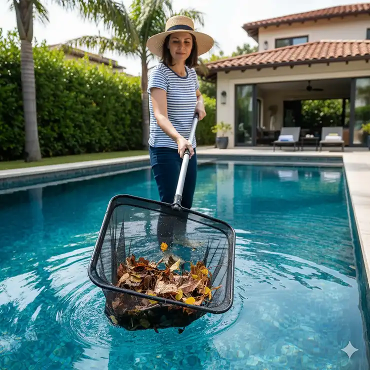 Person cleaning a swimming pool surface using a deep-bag pool skimmer net to remove leaves and debris from the water.