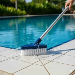 Heavy-duty pool corner brush securely attached to a telescopic pole for extended reach and wall scrubbing.