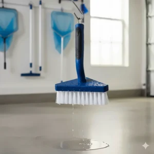 Pool corner brush with a reinforced handle eyelet, hanging on a storage hook after a full pool cleaning session.