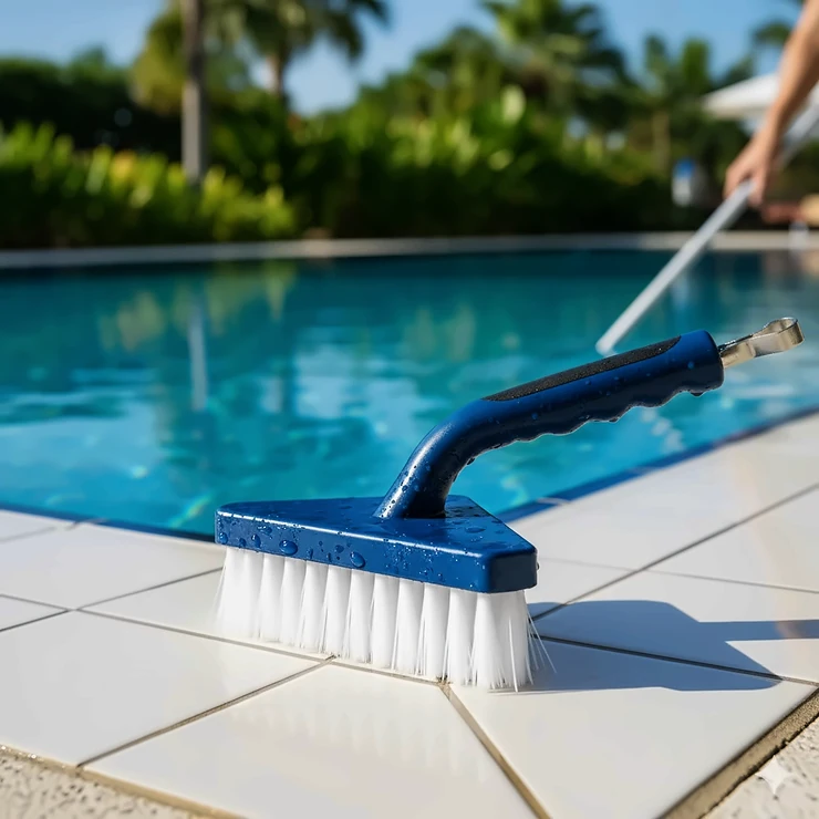 Ergonomic pool corner brush with nylon bristles, perfect for scrubbing hard-to-reach areas of a swimming pool.