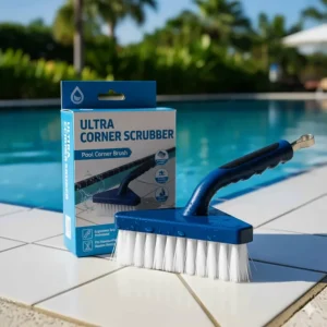 Retail packaging for a new pool corner brush, highlighting its key features and material construction.