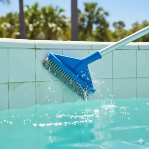 An illustration showing how the pool corner brush efficiently scrubs the curved transition where the wall meets the floor.