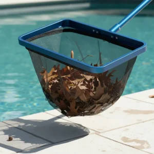 Close-up of the deep mesh net bag on the heavy duty pool leaf rake, designed to hold extra-large amounts of leaves and debris.