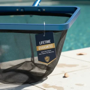 A hang tag or label on the heavy-duty pool leaf rake highlighting the product's lifetime guarantee against rips or breaks.