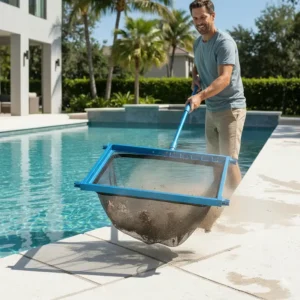 The ultra-fine mesh of the heavy-duty pool leaf rake effectively skimming small silt and fine debris from the water surface.