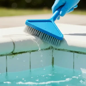 Detail shot of the small, angled pool corner brush head removing dirt from pool tile grout lines.