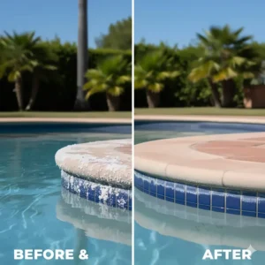 A visual comparison of stained pool tile before and after being cleaned with a pumice stone holder tool.