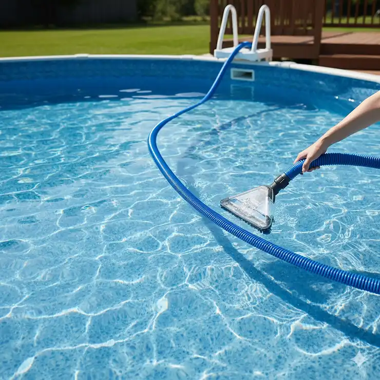 Above ground pool vacuum hose connected and ready for cleaning, illustrating the proper length and floating capability.