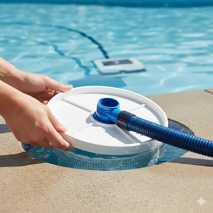 Pool vacuum plate for skimmer basket opening, showing how to attach an automatic pool cleaner hose for efficient pool maintenance.