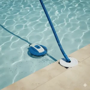 Illustration of a pool floor being vacuumed, with the suction force generated via the pool vacuum plate for skimmer.