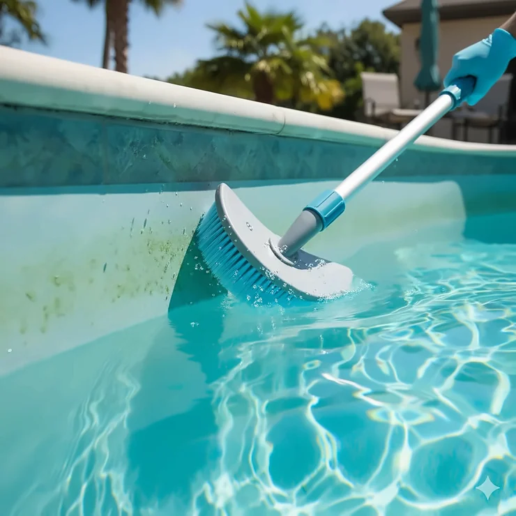 A pool wall brush for vinyl liner being used to gently scrub algae and debris from the side of an in-ground pool, ensuring a sparkling clean surface.