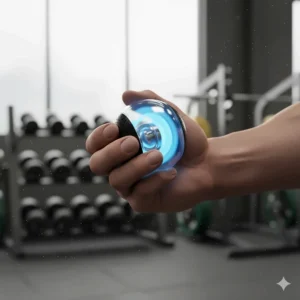 An illuminated, portable Powerball gyroscope, a unique piece of forearm equipment that uses rotational inertia to improve stability and grip.
