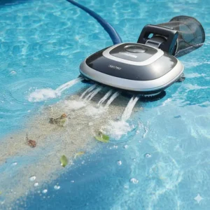 Close-up of the powerful water jet cleaning mechanism on the pressure side pool cleaner.
