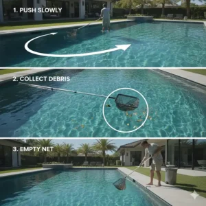 Visual guide demonstrating the proper skimming technique using a pool surface net across the water.