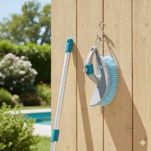 Showing the best way to hang and store the pool wall brush after cleaning to ensure longevity and keep the bristles in good condition.