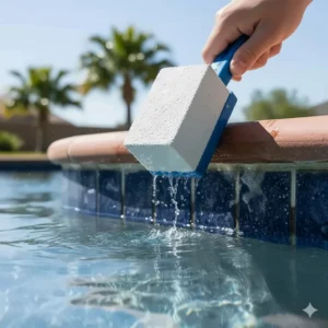 The abrasive pumice stone in the holder being rubbed gently on a pool tile to remove stubborn calcium stains.