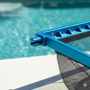 View of the heavy-duty reinforced aluminum frame on the pool leaf rake, showing its strength and durability.