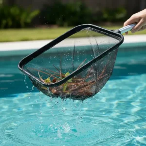 Removing pine needles and small twigs from the water's surface with a handheld pool skimmer net.