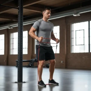 A person using a set of looped resistance bands for standing twisting crunches, showing how this versatile fitness equipment can be used for abdominal exercises.
