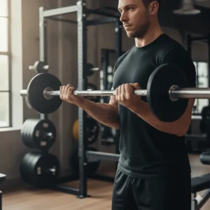 Close-up of a person using a straight bar for reverse curls, a compound exercise utilizing standard fitness equipment for targeted forearm training.