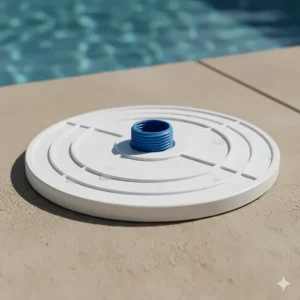 Close-up of a round pool skimmer vacuum plate made of durable white plastic with a hose connection port.