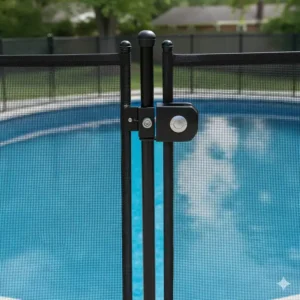 Detail of a self-closing, self-latching gate on a pool safety fence, a crucial component for securing an above ground pool.
