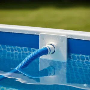 Detailed view of the above ground pool skimmer adapter with the vacuum hose threaded in place.