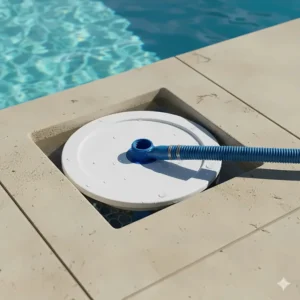 View of a pool's skimmer box setup with the specialized skimmer vacuum plate covering the water intake.