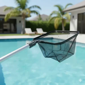 Pool surface skimmer net securely attached to a telescopic pole for extended reach.