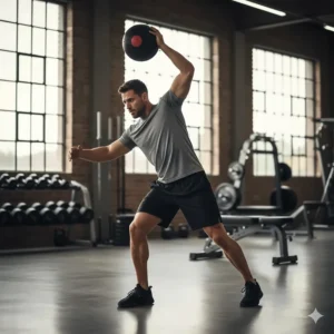 An athlete holding a weighted slam ball overhead, preparing for an intense core-twisting movement that builds oblique and abdominal strength.