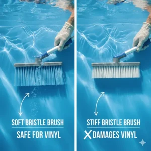 A visual comparison highlighting why a soft-bristled pool wall brush is essential for vinyl liner pools, unlike stiff brushes which can cause damage.